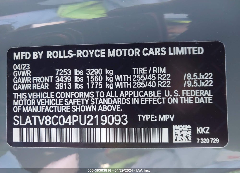 2023 ROLLS-ROYCE CULLINAN VIN: SLATV8C04PU219093