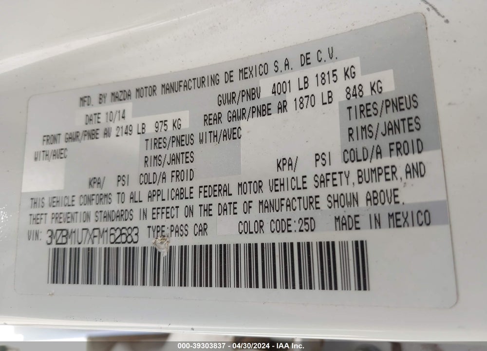 2015 MAZDA 3 I SPORT VIN: 3MZBM1U7XFM162683