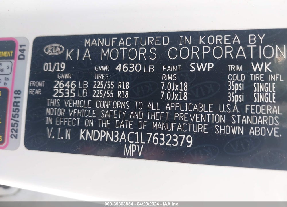 2020 KIA SPORTAGE EX VIN: KNDPN3AC1L7632379