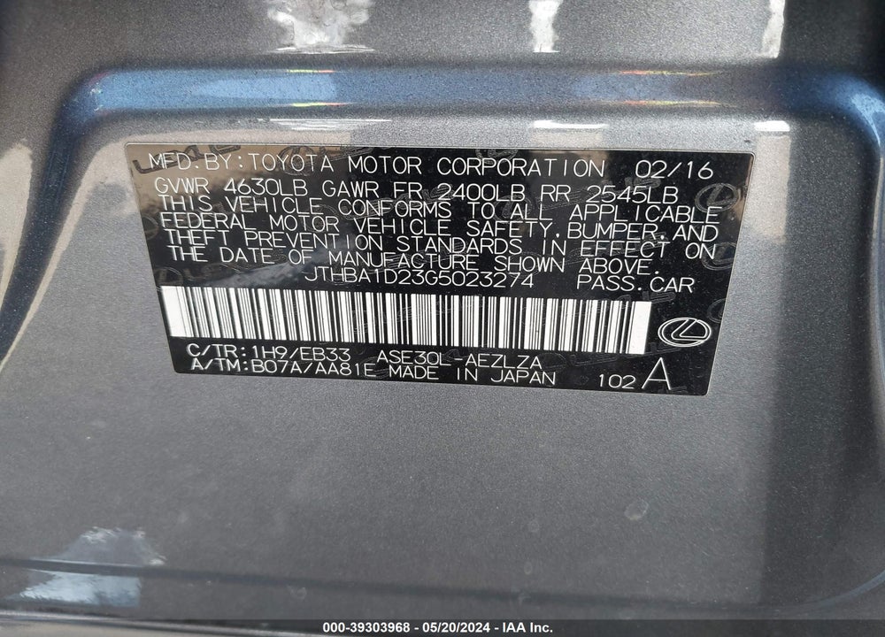 2016 LEXUS IS 200T VIN: JTHBA1D23G5023274