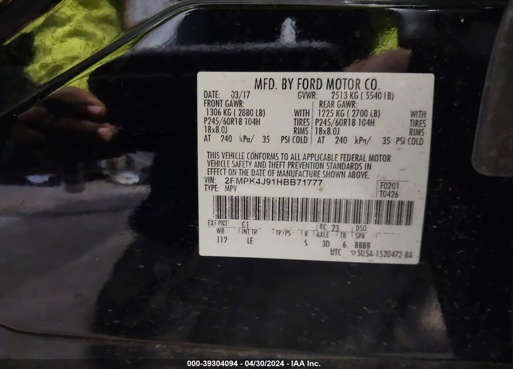 2017 FORD EDGE SEL VIN: 2FMPK4J91HBB71777
