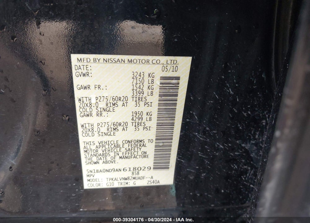 2010 NISSAN ARMADA TITANIUM VIN: 5N1BA0ND9AN618029