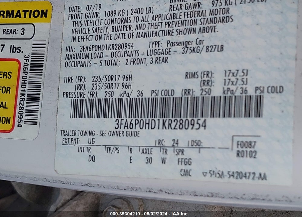 2019 FORD FUSION SE VIN: 3FA6P0HD1KR280954