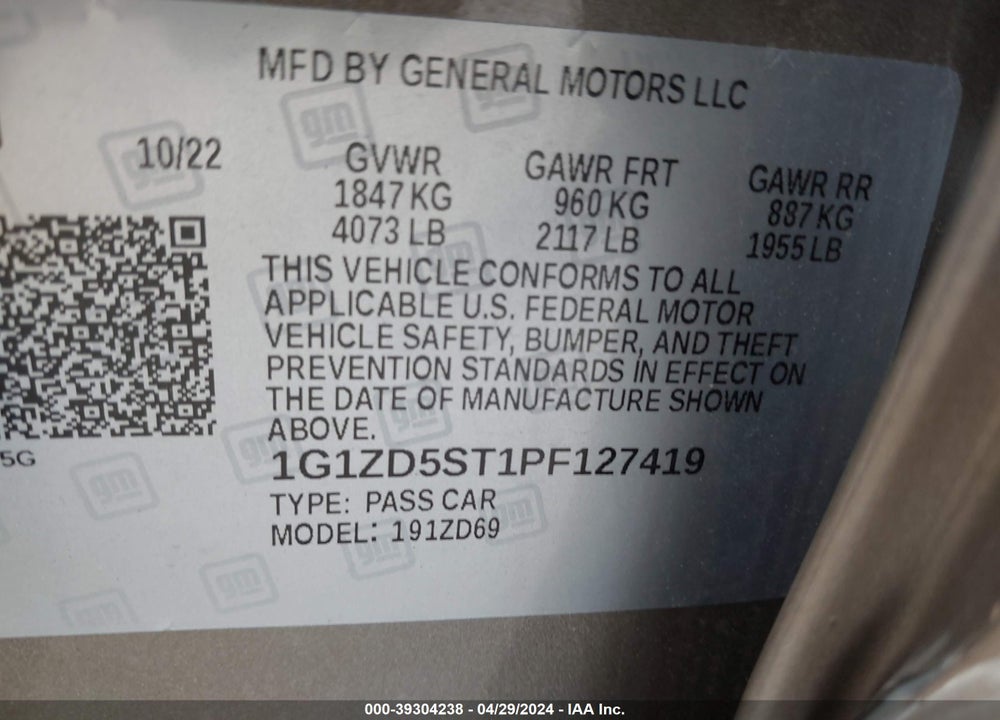 2023 CHEVROLET MALIBU FWD 1LT VIN: 1G1ZD5ST1PF127419