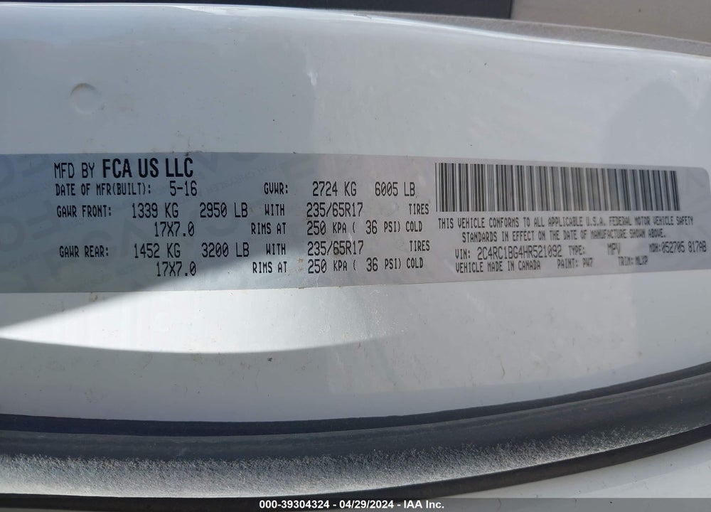 2017 CHRYSLER PACIFICA TOURING L VIN: 2C4RC1BG4HR521092