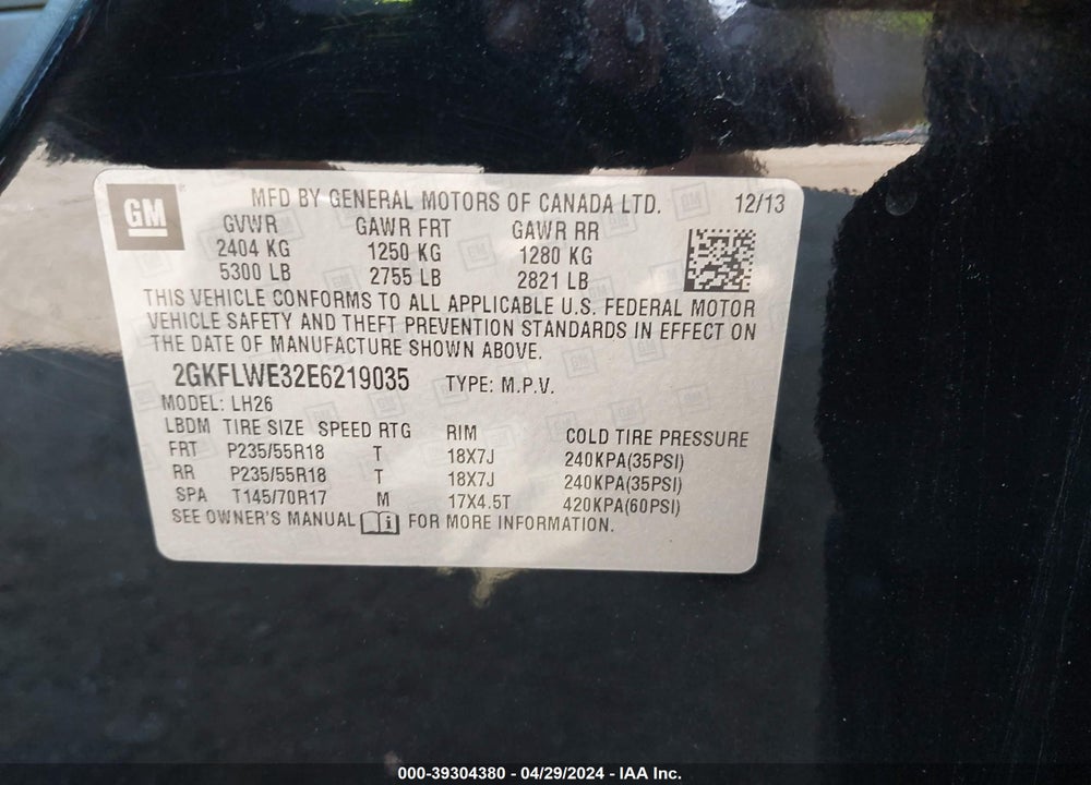 2014 GMC TERRAIN SLE-2 VIN: 2GKFLWE32E6219035