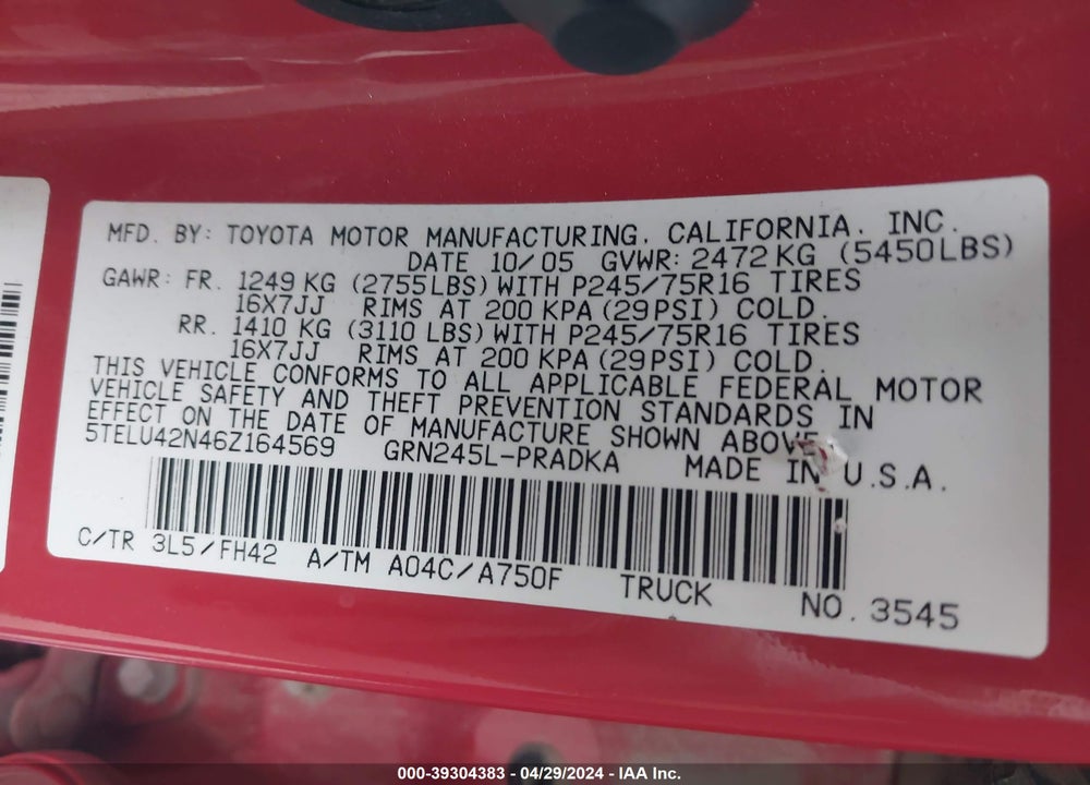 2006 TOYOTA TACOMA BASE V6 VIN: 5TELU42N46Z164569