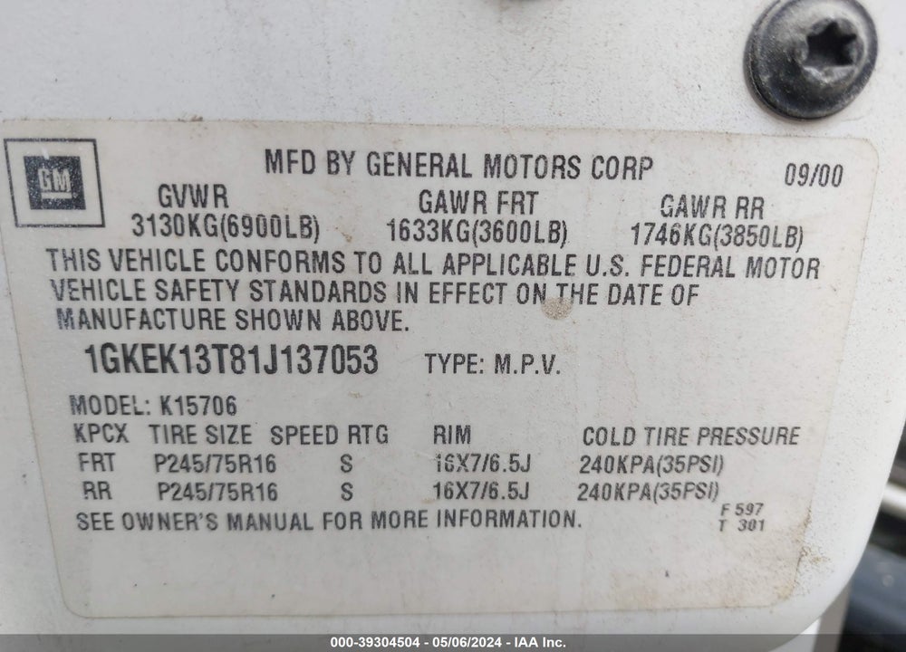 2001 GMC YUKON SLT VIN: 1GKEK13T81J137053