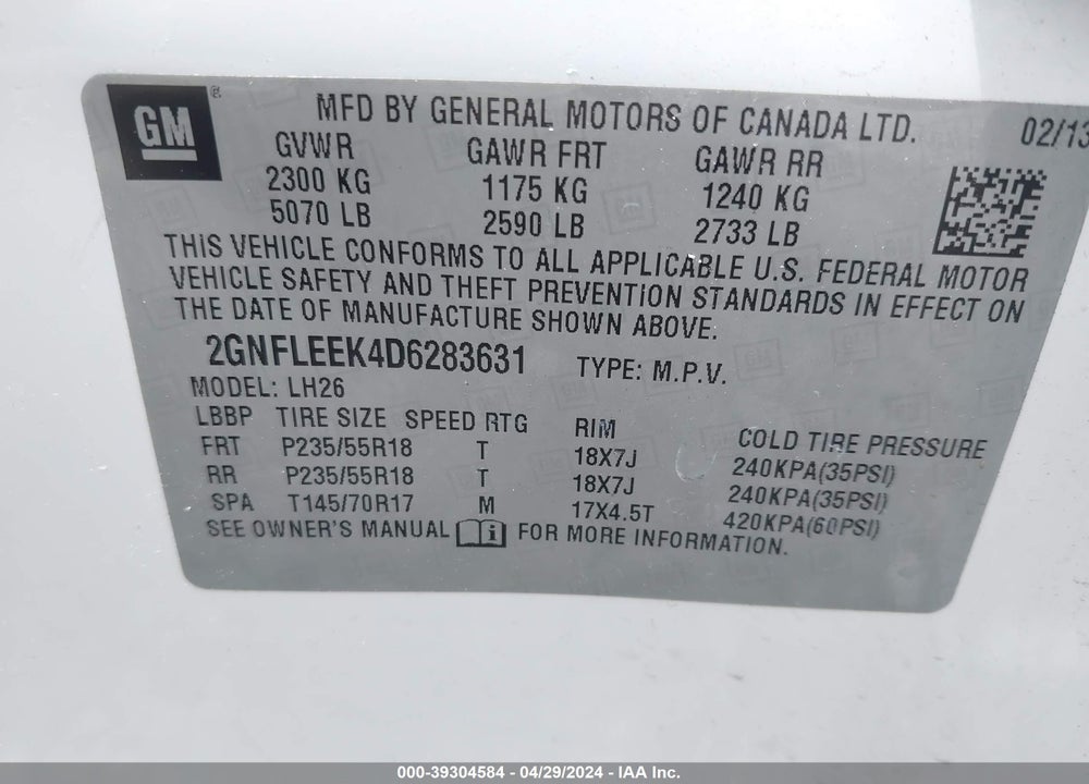 2013 CHEVROLET EQUINOX 1LT VIN: 2GNFLEEK4D6283631