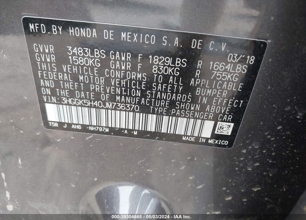 2018 HONDA FIT LX VIN: 3HGGK5H40JM736370