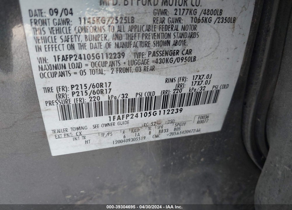 2005 FORD FIVE HUNDRED SEL VIN: 1FAFP24105G112239