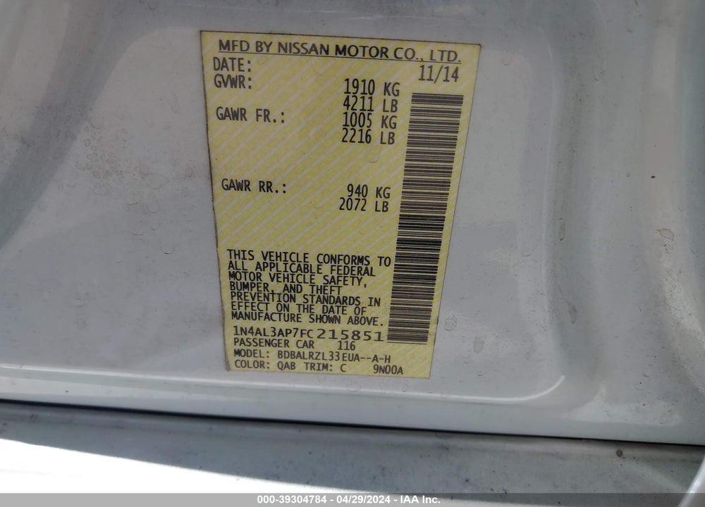 2015 NISSAN ALTIMA 2.5 SL VIN: 1N4AL3AP7FC215851