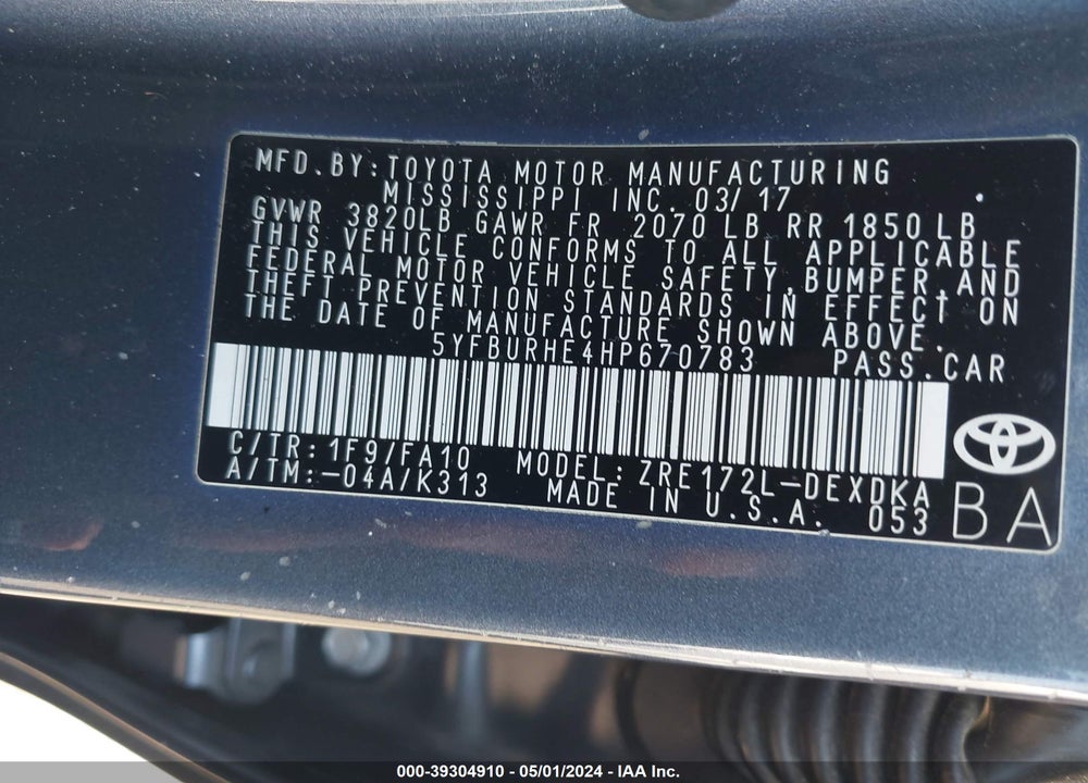 2017 TOYOTA COROLLA L VIN: 5YFBURHE4HP670783