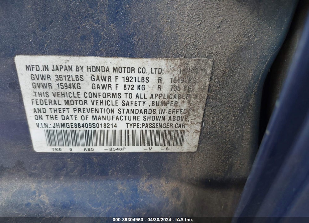 2009 HONDA FIT SPORT VIN: JHMGE88409S018214