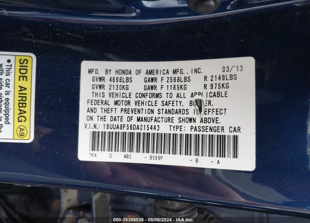 2013 ACURA TL 3.5 VIN: 19UUA8F56DA015443