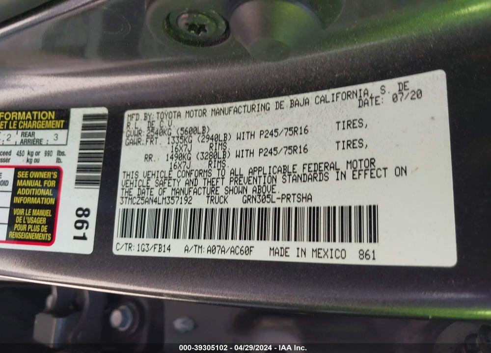 2020 TOYOTA TACOMA SR V6 VIN: 3TMCZ5AN4LM357192