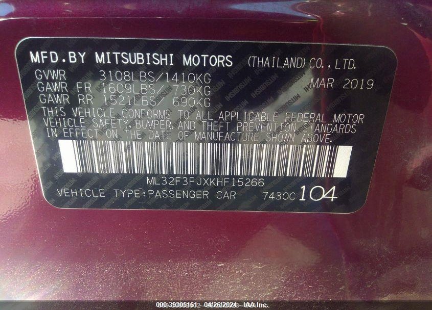 2019 MITSUBISHI MIRAGE G4 ES VIN: ML32F3FJXKHF15266