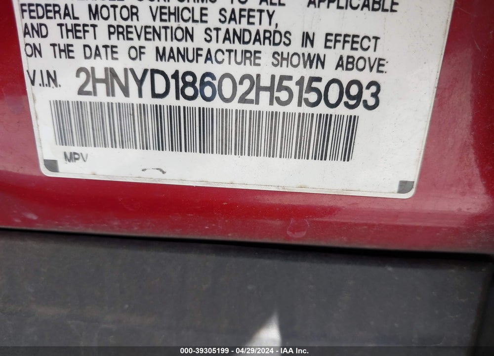 2002 ACURA MDX VIN: 2HNYD18602H515093