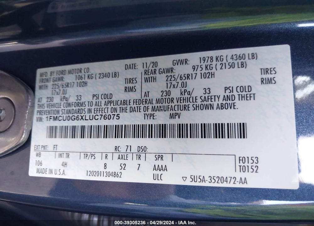 2020 FORD ESCAPE SE VIN: 1FMCU0G6XLUC76075