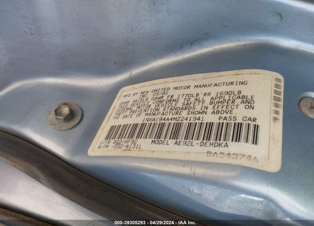 1991 TOYOTA COROLLA DLX VIN: 1NXAE94A4MZ241941