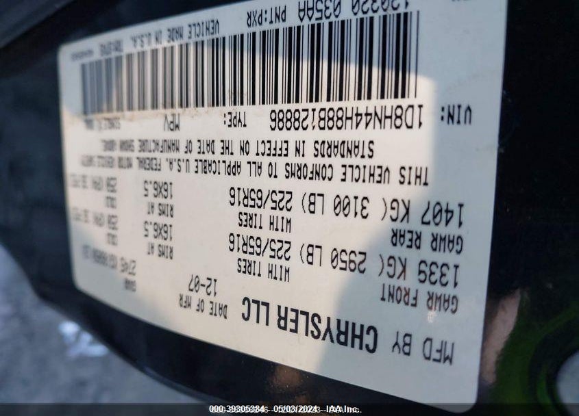 2008 DODGE GRAND CARAVAN SE VIN: 1D8HN44H88B128886