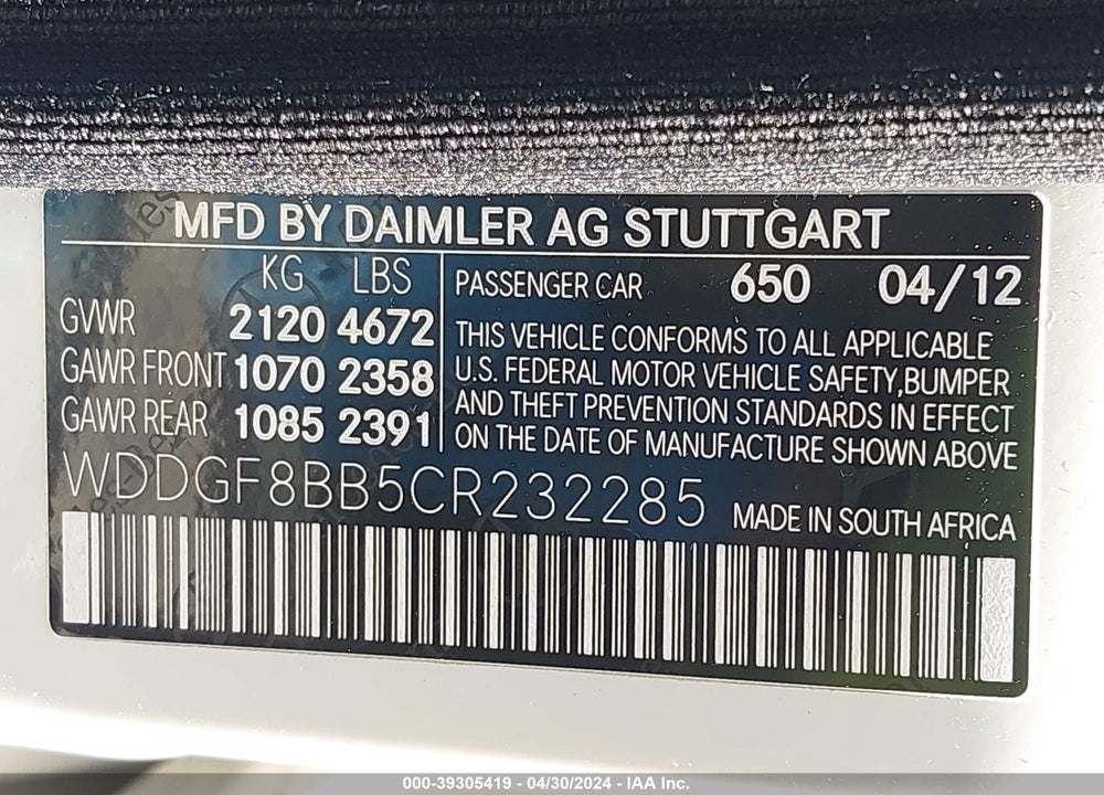 2012 MERCEDES-BENZ C 300 LUXURY 4MATIC/SPORT 4MATIC VIN: WDDGF8BB5CR232285