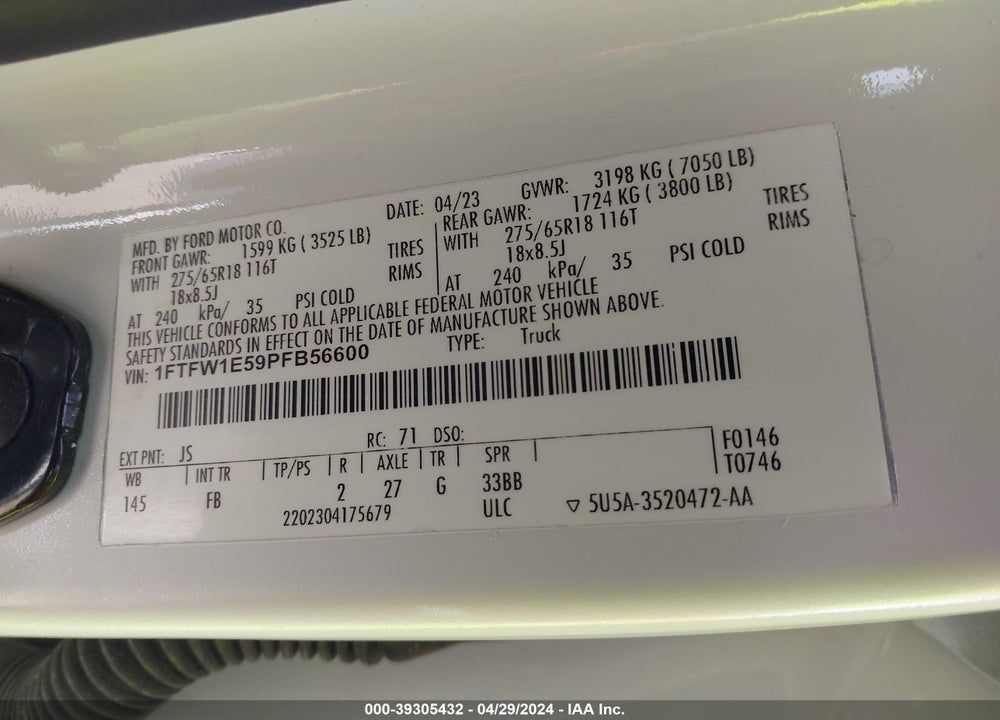 2023 FORD F-150 XLT VIN: 1FTFW1E59PFB56600