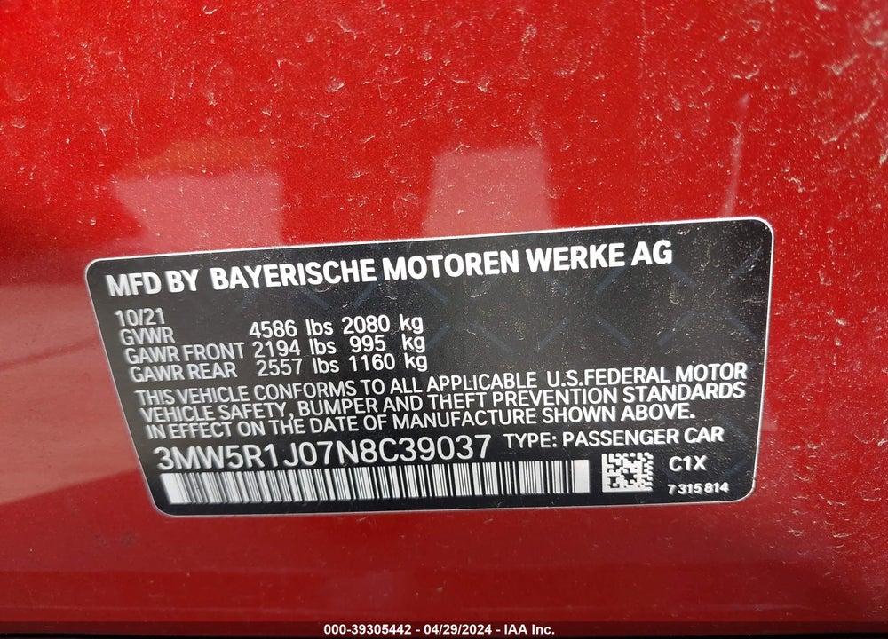 2022 BMW 330I VIN: 3MW5R1J07N8C39037