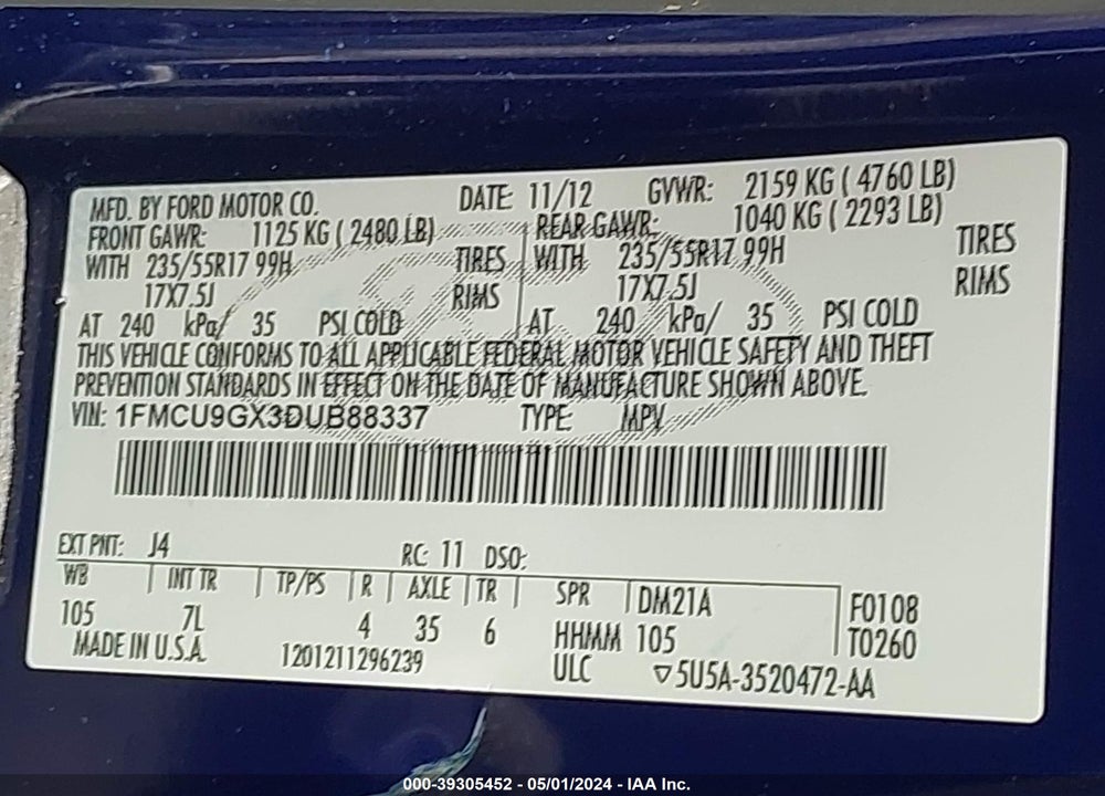2013 FORD ESCAPE SE VIN: 1FMCU9GX3DUB88337