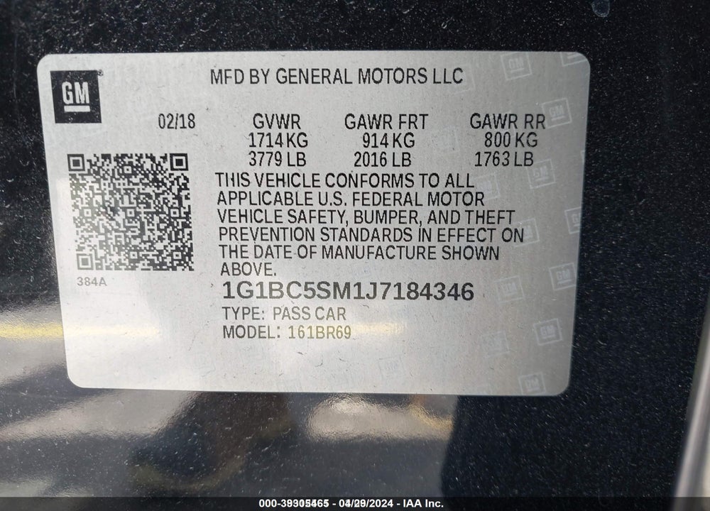 2018 CHEVROLET CRUZE LS AUTO VIN: 1G1BC5SM1J7184346