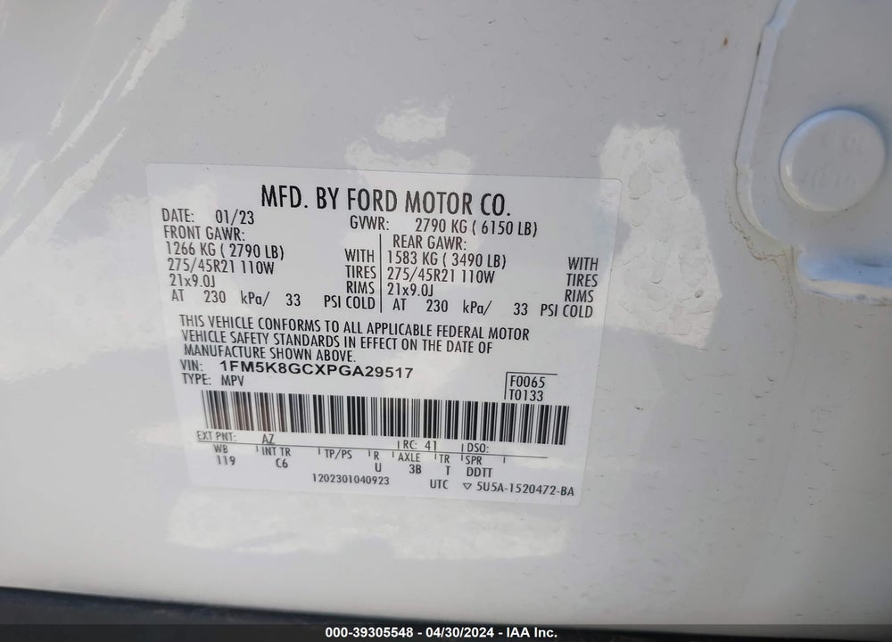 2023 FORD EXPLORER ST VIN: 1FM5K8GCXPGA29517