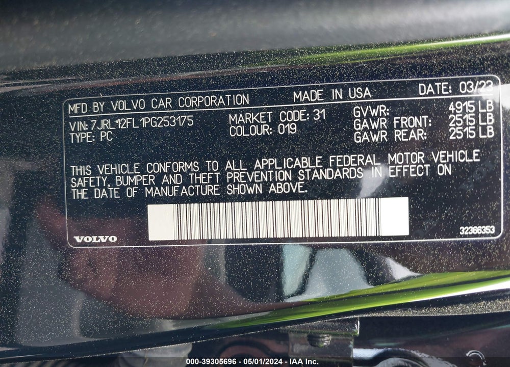 2023 VOLVO S60 B5 PLUS DARK THEME VIN: 7JRL12FL1PG253175
