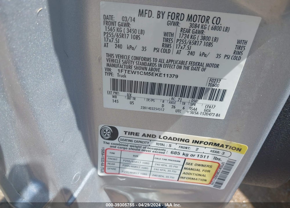 2014 FORD F-150 XLT VIN: 1FTEW1CM5EKE11379