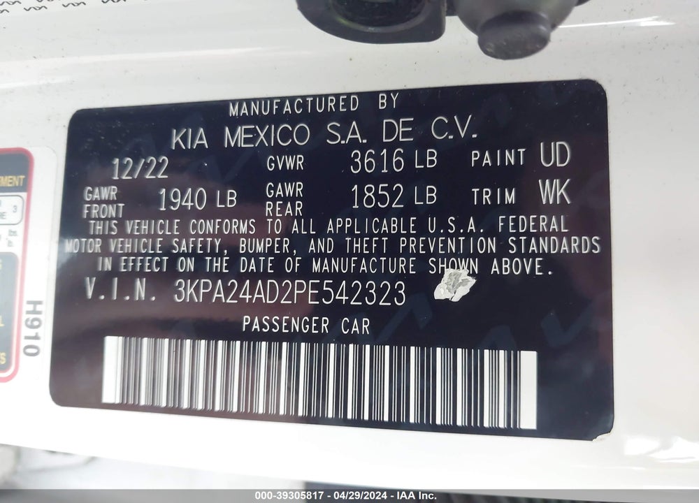 2023 KIA RIO S VIN: 3KPA24AD2PE542323