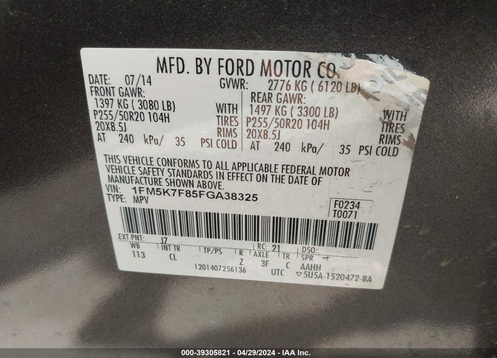 2015 FORD EXPLORER LIMITED VIN: 1FM5K7F85FGA38325