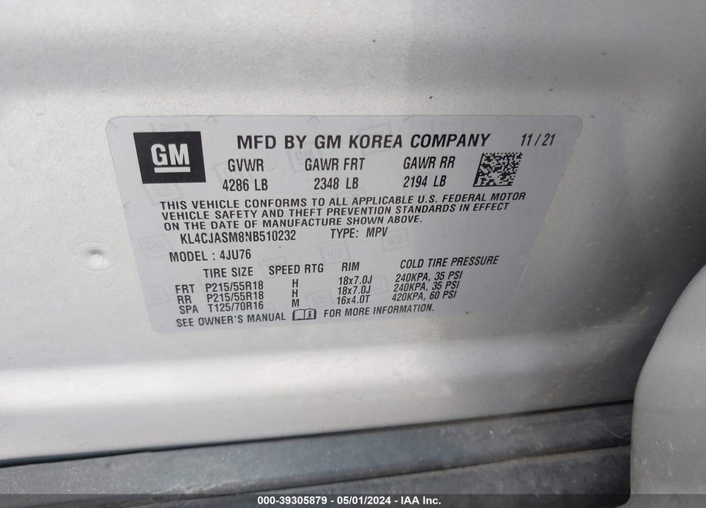 2022 BUICK ENCORE VIN: KL4CJASM8NB510232
