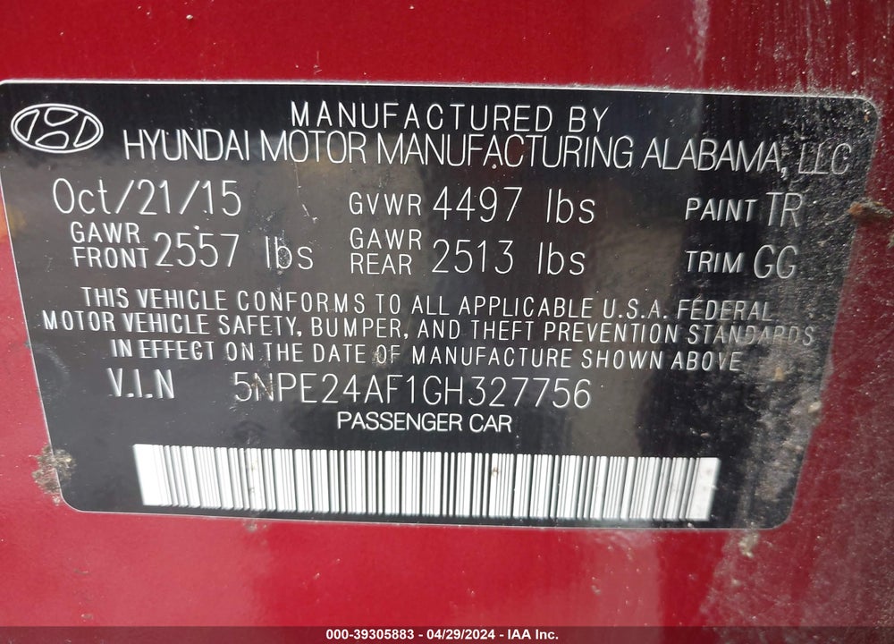 2016 HYUNDAI SONATA SE VIN: 5NPE24AF1GH327756