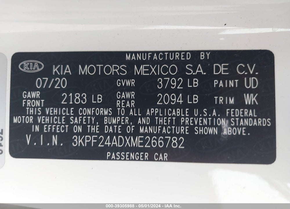 2021 KIA FORTE LXS VIN: 3KPF24ADXME266782