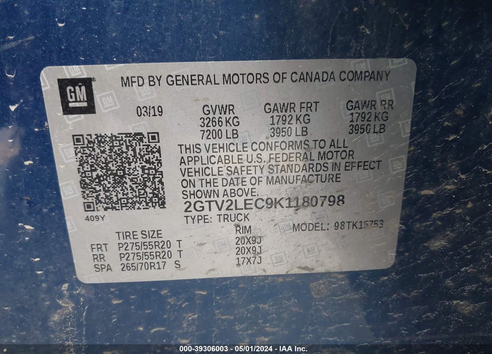 2019 GMC SIERRA 1500 LIMITED VIN: 2GTV2LEC9K1180798