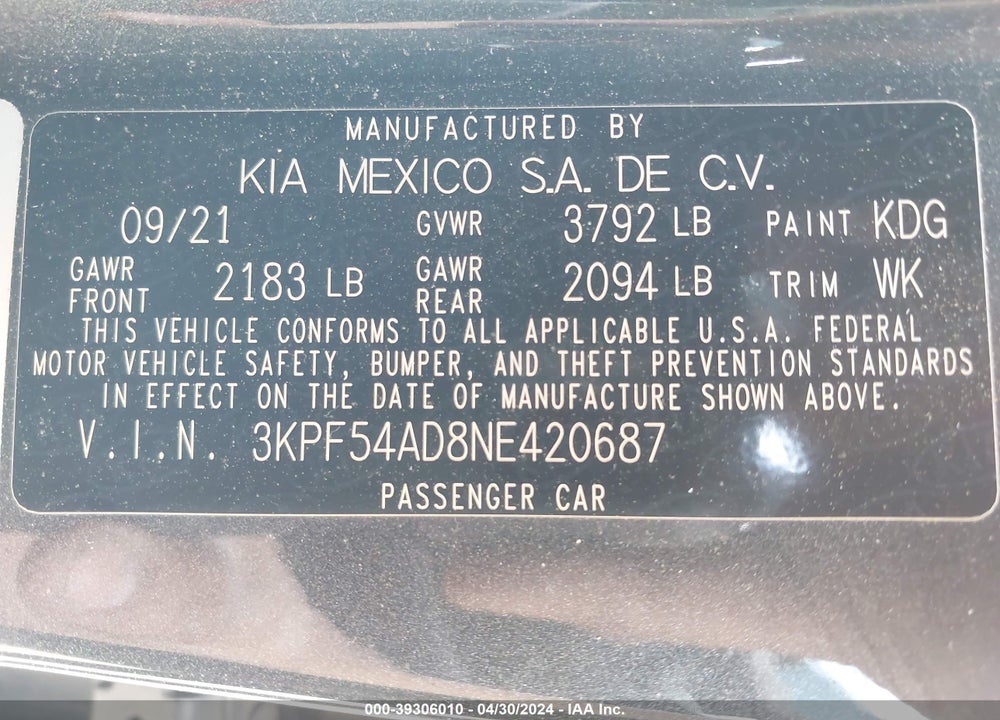 2022 KIA FORTE GT LINE VIN: 3KPF54AD8NE420687