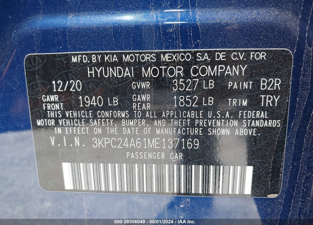 2021 HYUNDAI ACCENT SE VIN: 3KPC24A61ME137169