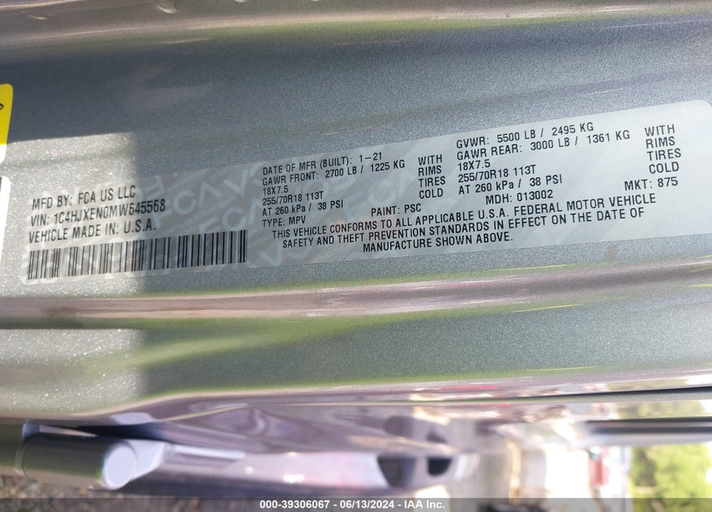 2021 JEEP WRANGLER UNLIMITED SAHARA 4X4 VIN: 1C4HJXEN0MW645568