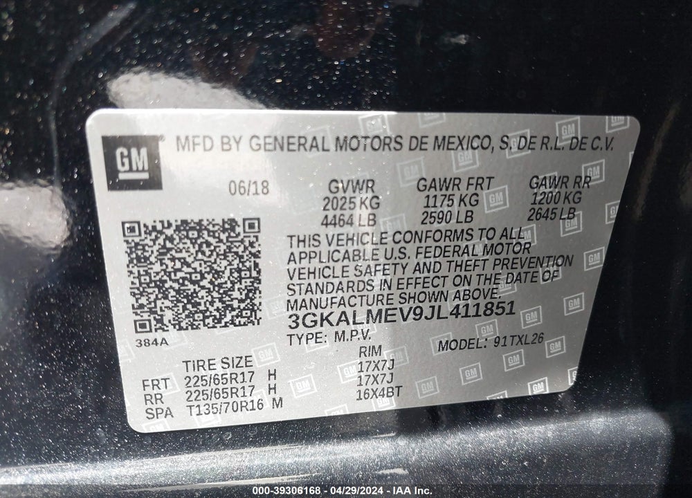 2018 GMC TERRAIN SLE VIN: 3GKALMEV9JL411851
