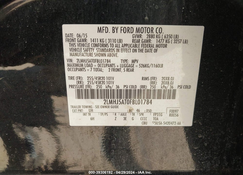 2015 LINCOLN MKT ECOBOOST VIN: 2LMHJ5AT0FBL01784