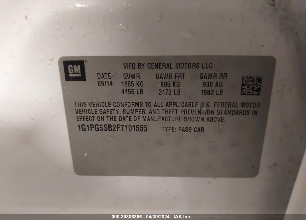 2015 CHEVROLET CRUZE LTZ VIN: 1G1PG5SB2F7101555