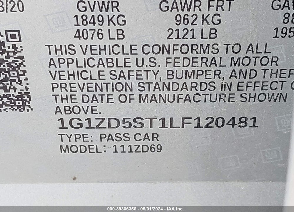 2020 CHEVROLET MALIBU FWD LT VIN: 1G1ZD5ST1LF120481