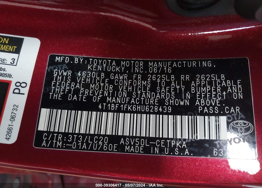 2017 TOYOTA CAMRY XSE VIN: 4T1BF1FK6HU628439