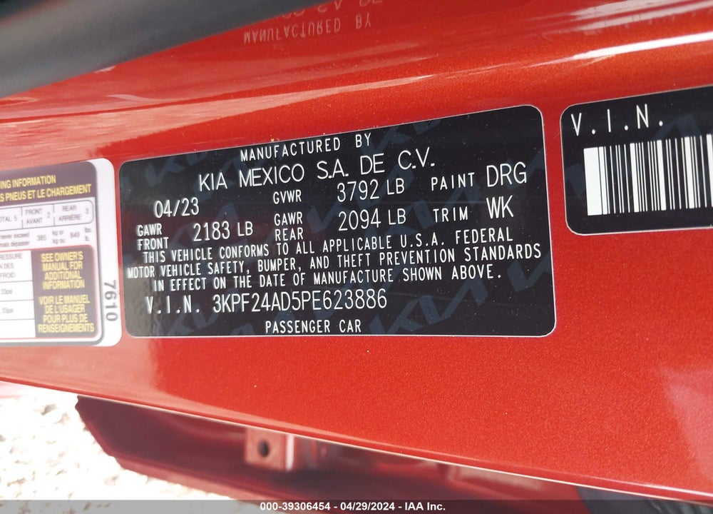 2023 KIA FORTE LXS VIN: 3KPF24AD5PE623886