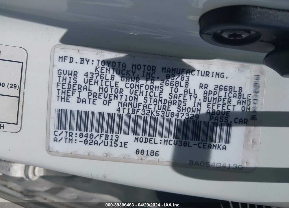 2003 TOYOTA CAMRY LE V6 VIN: 4T1BF32K53U047329