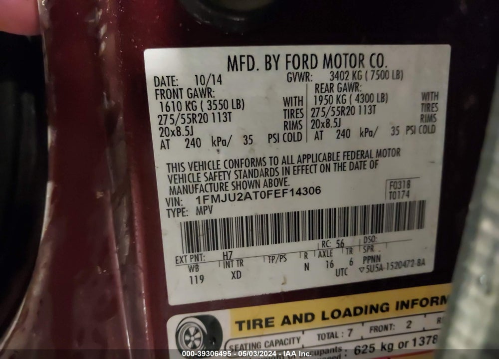 2015 FORD EXPEDITION LIMITED VIN: 1FMJU2AT0FEF14306